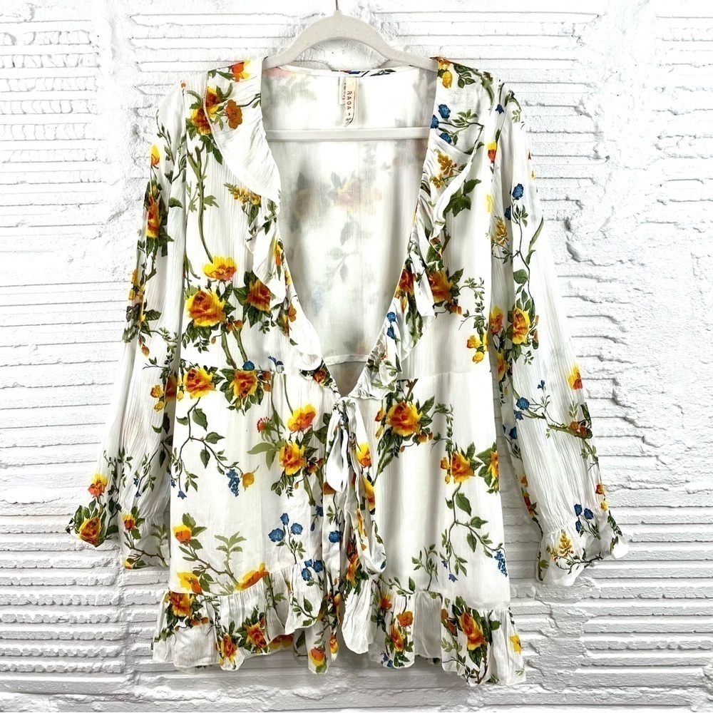 Raga Lined Yellow & White Floral Ruffle‎ Cover Up Topper Tie Waist Size Small